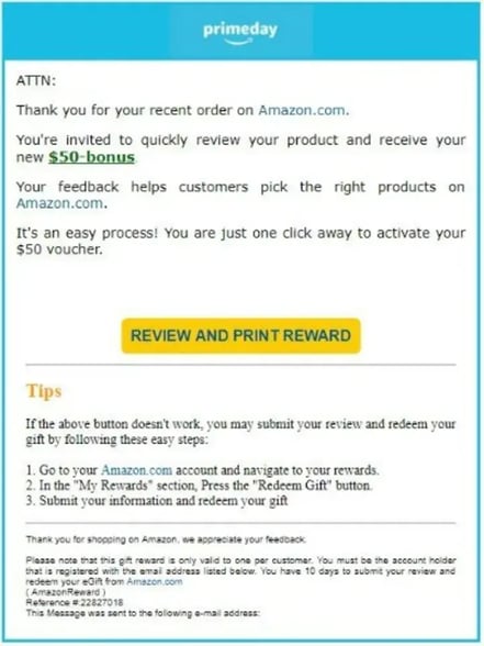 Amazon Prime Day email phishing scam example.
